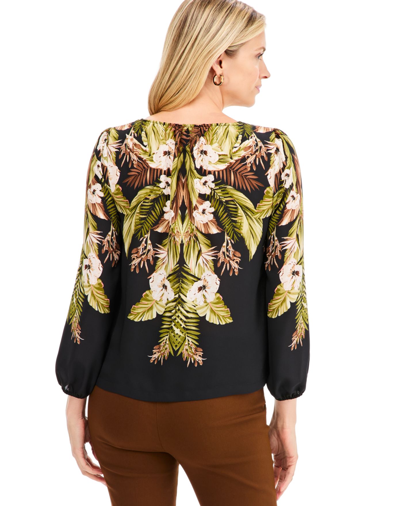 Женский топ JM Collection Tropical Shirred Long-Sleeve, цвет: Глубокий чёрный — фото 2