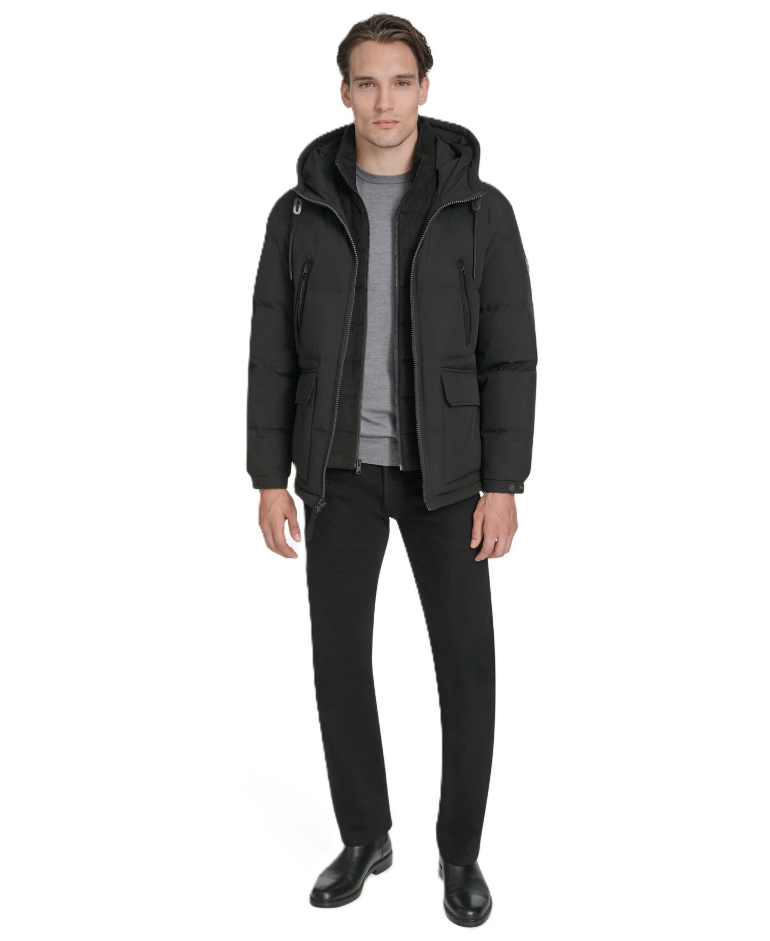 Men's Hooded Puffer Faux-Suede Bib Jacket