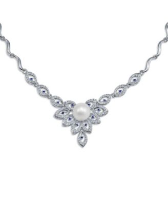 Vintage Style Blue Statement V Necklace Leaf CZ White Imitation Pearl