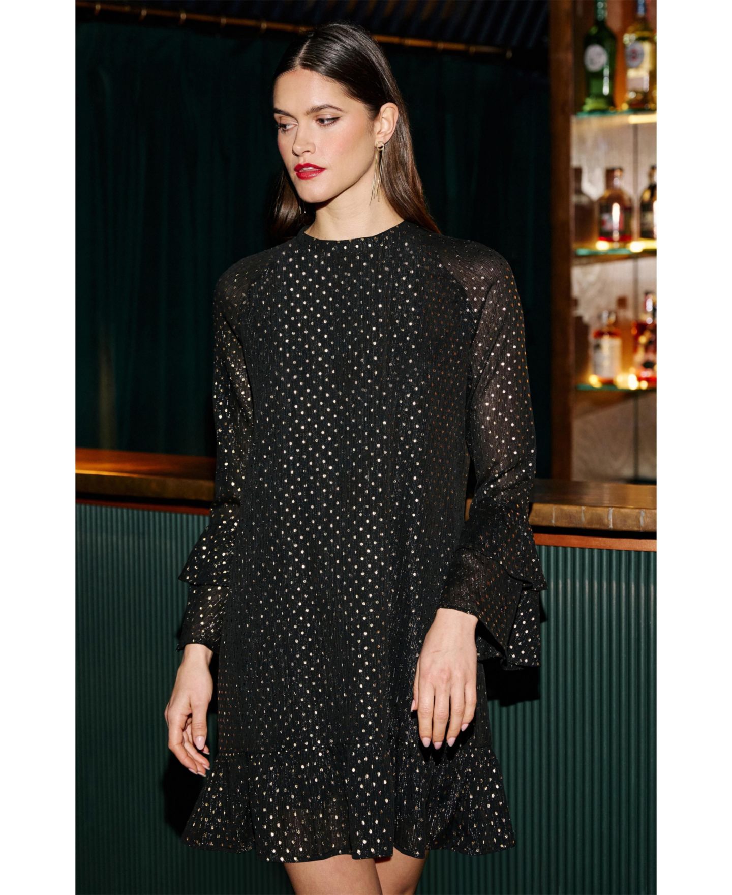 Женские платья Yumi Foil Print Flared Sleeve Tunic, цвет: Чёрный — фото 5