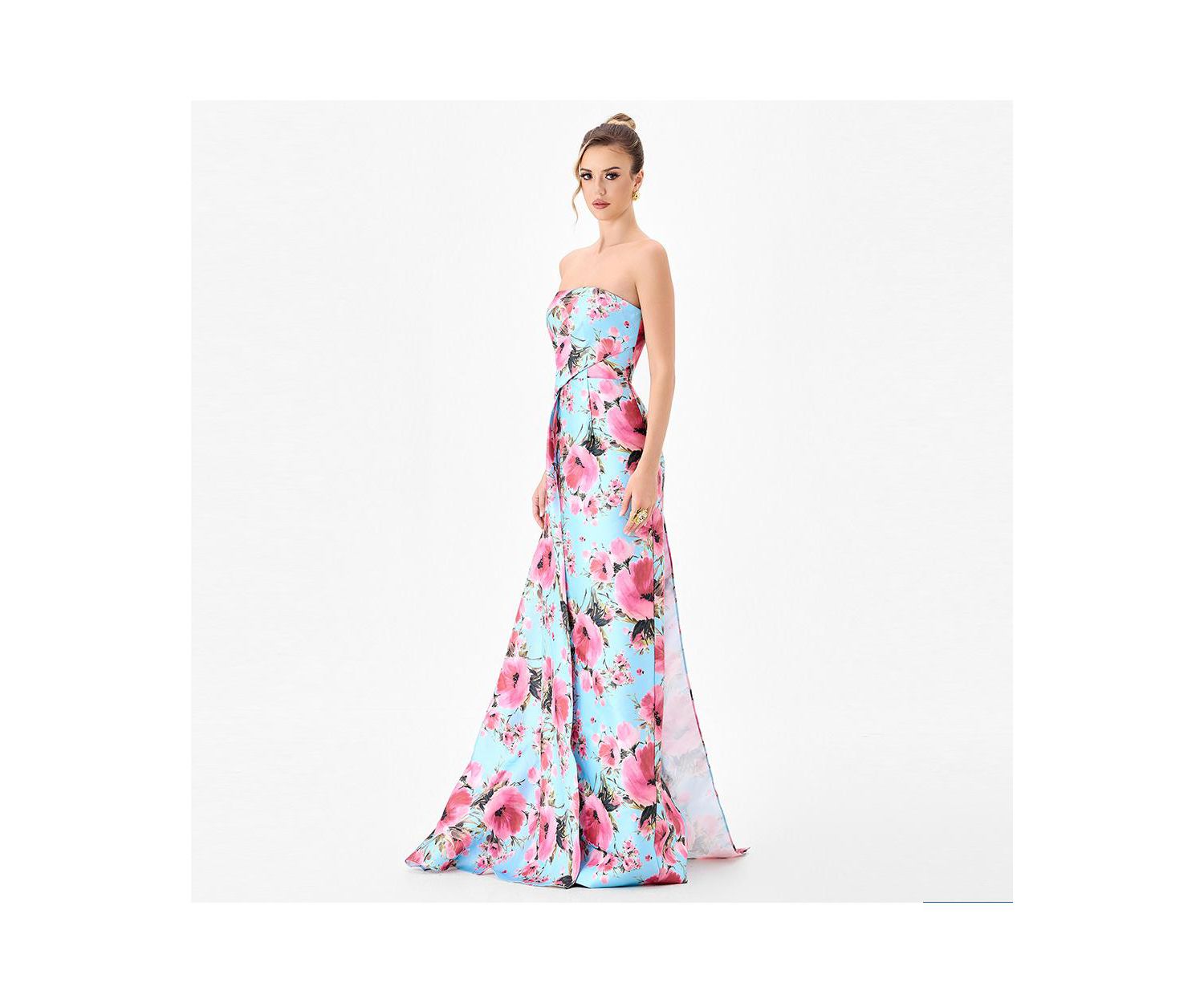 Women's Zia Strapless Floral-Print Asymmetric-Pleated Gown