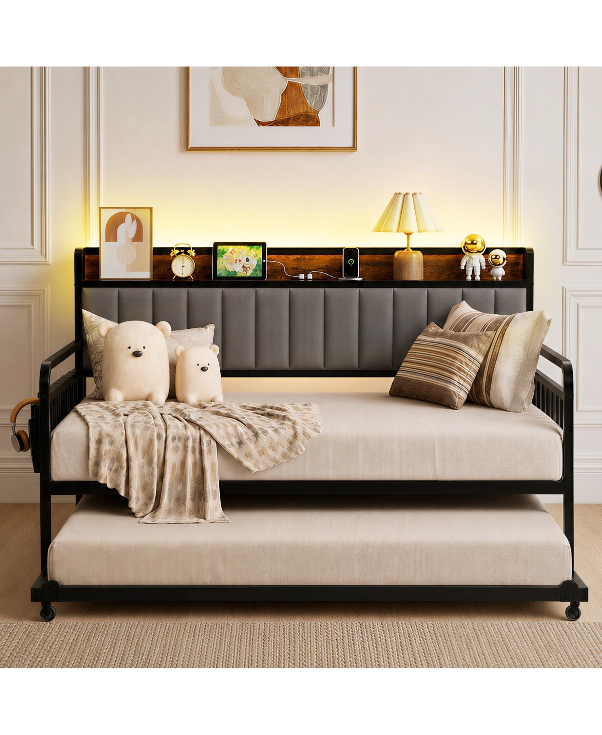 Homfan 2-in-1 Metal Daybed with Pull-Out Trundle, Rgb Led Lighting, Usb-c Charging Headboard, and Storage Pockets for Guest Rooms & Apartments. - Brow