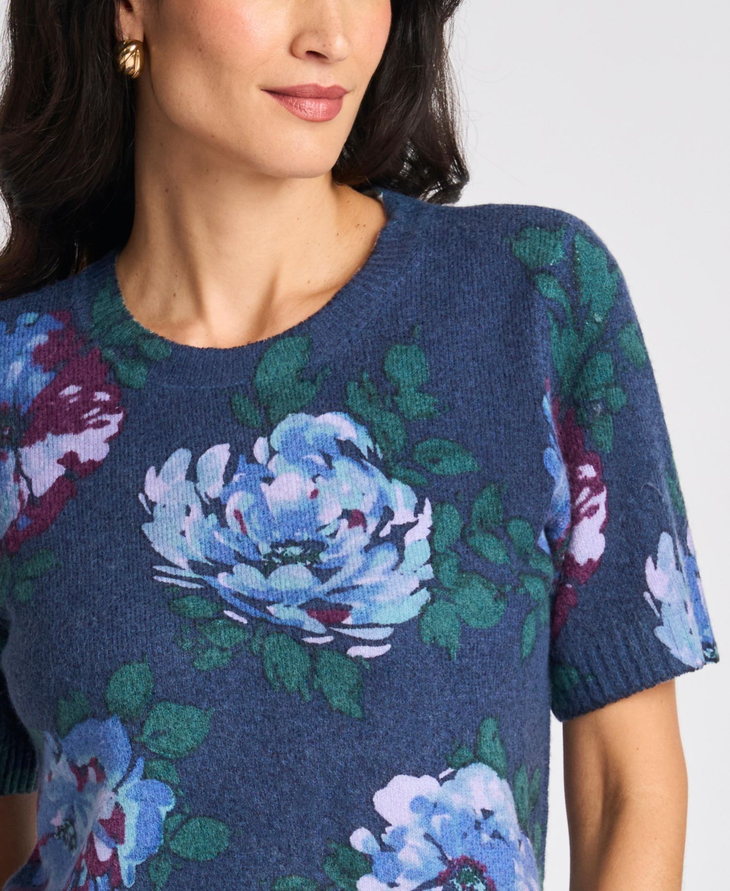 Women's Short-Sleeve Floral-Print Crewneck Sweater