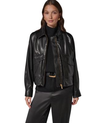 Women's Short Raglan Collared Faux Leather Jacket