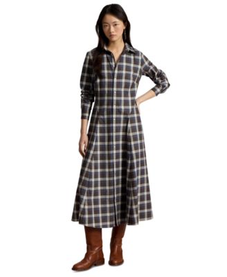 Women's Plaid Long-Sleeve Midi Shirt Dress