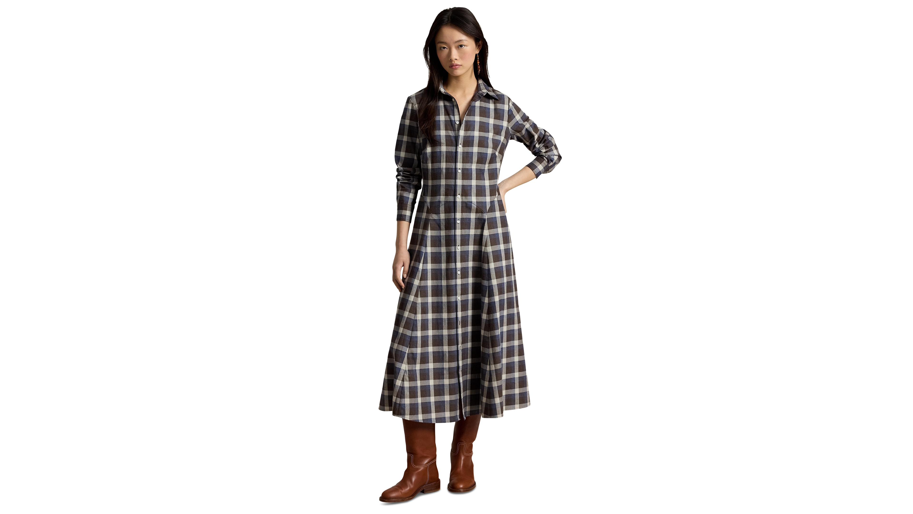 Polo Ralph Lauren Women's Plaid Long-Sleeve Midi Shirt Dress