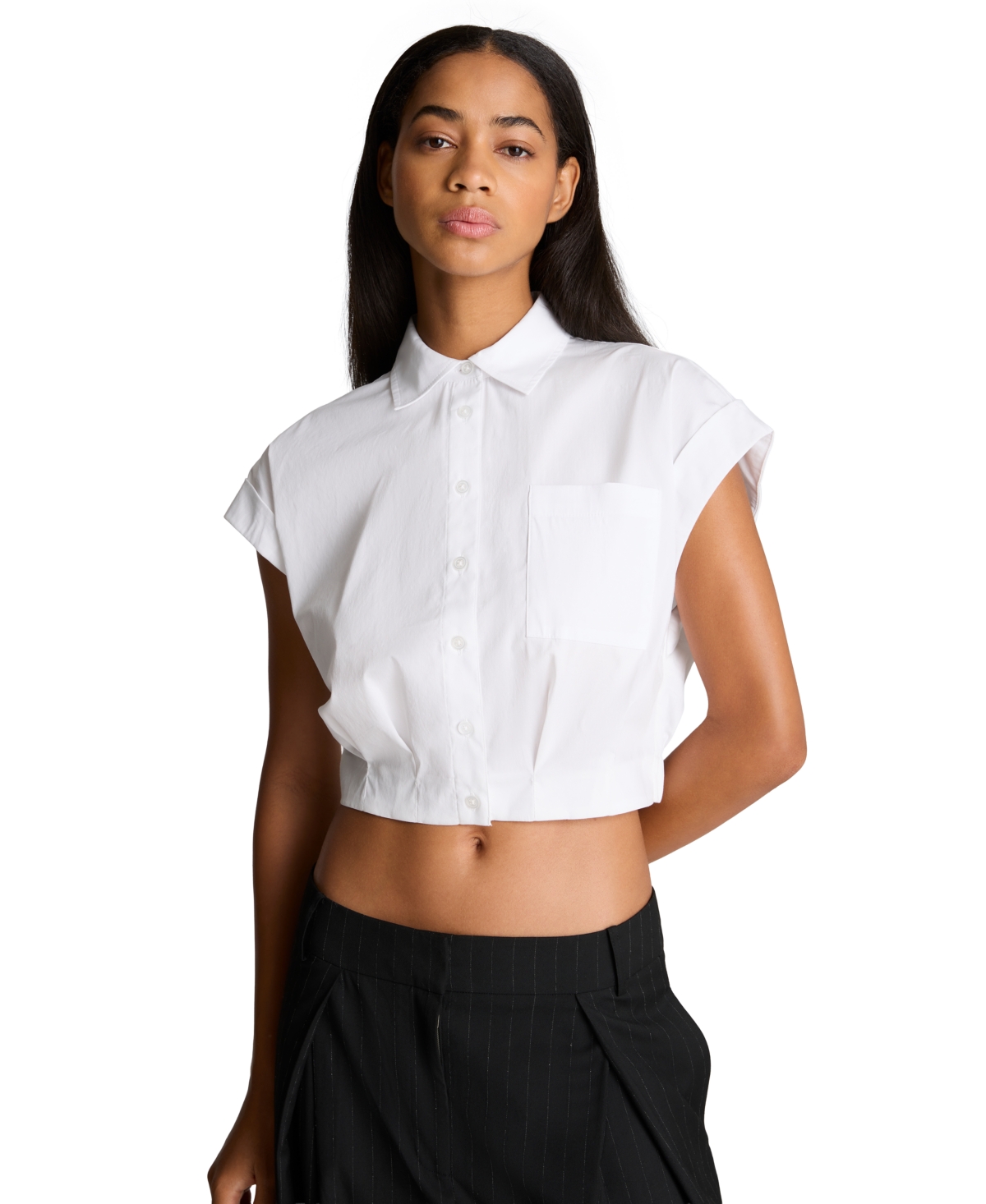 Kenneth Cole Women's Poplin Cropped Short-Sleeve Button-Up Shirt