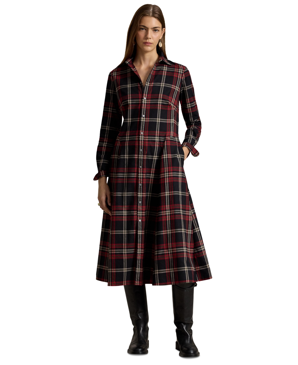 Polo Ralph Lauren Women's Plaid Long-Sleeve Midi Shirt Dress
