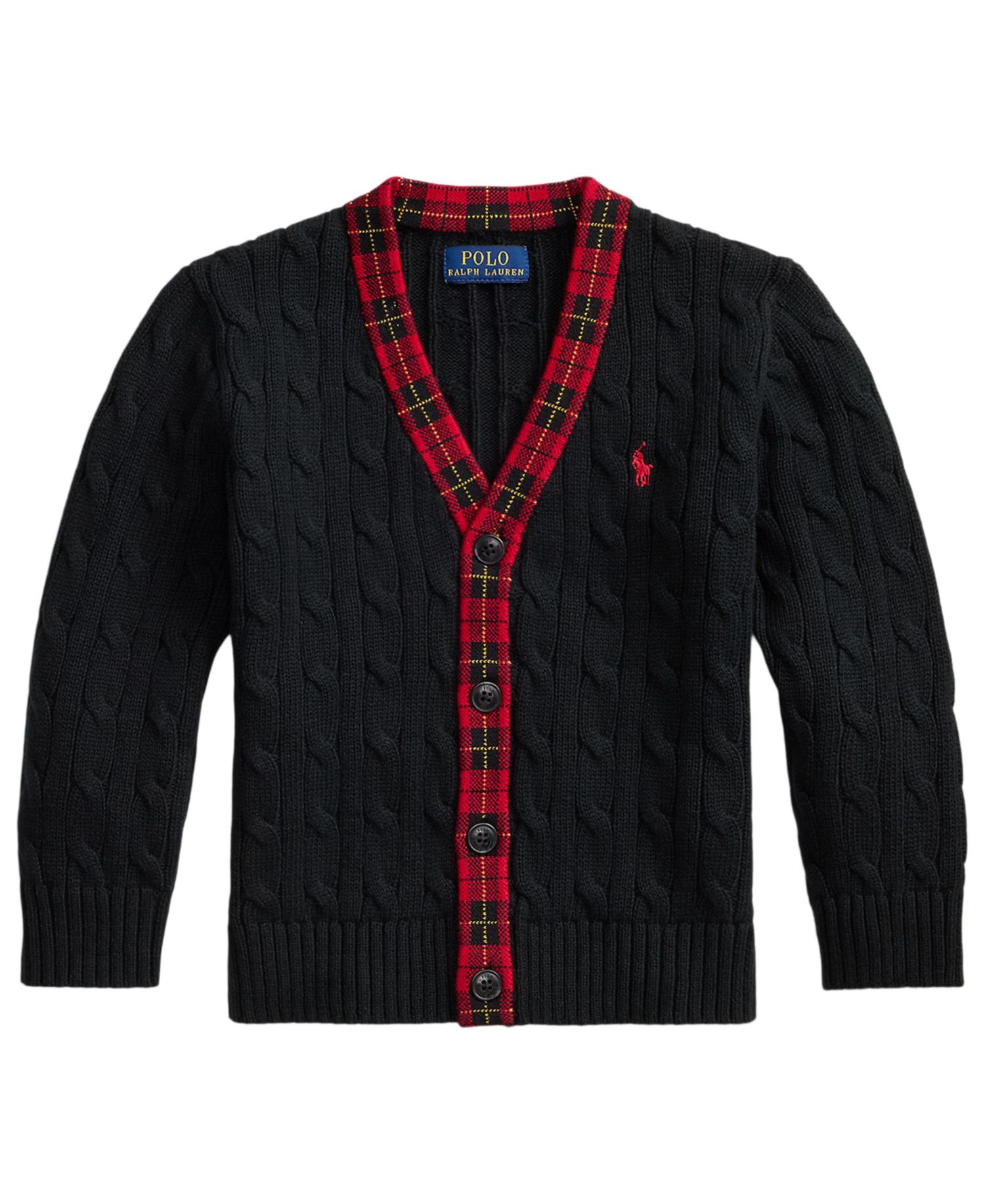 Boys' 2T-7 Cable-Knit Plaid-Trim Cardigan