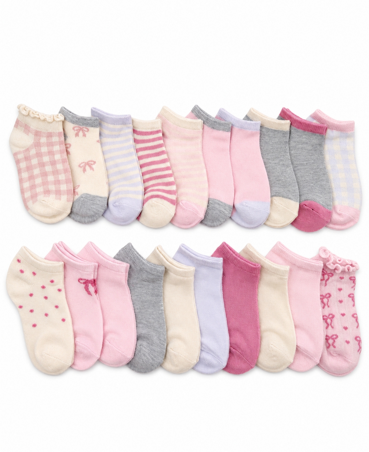 Rainbow Sugar Girls' 4-16 Bows Graphic No Show Socks, 20-Pack