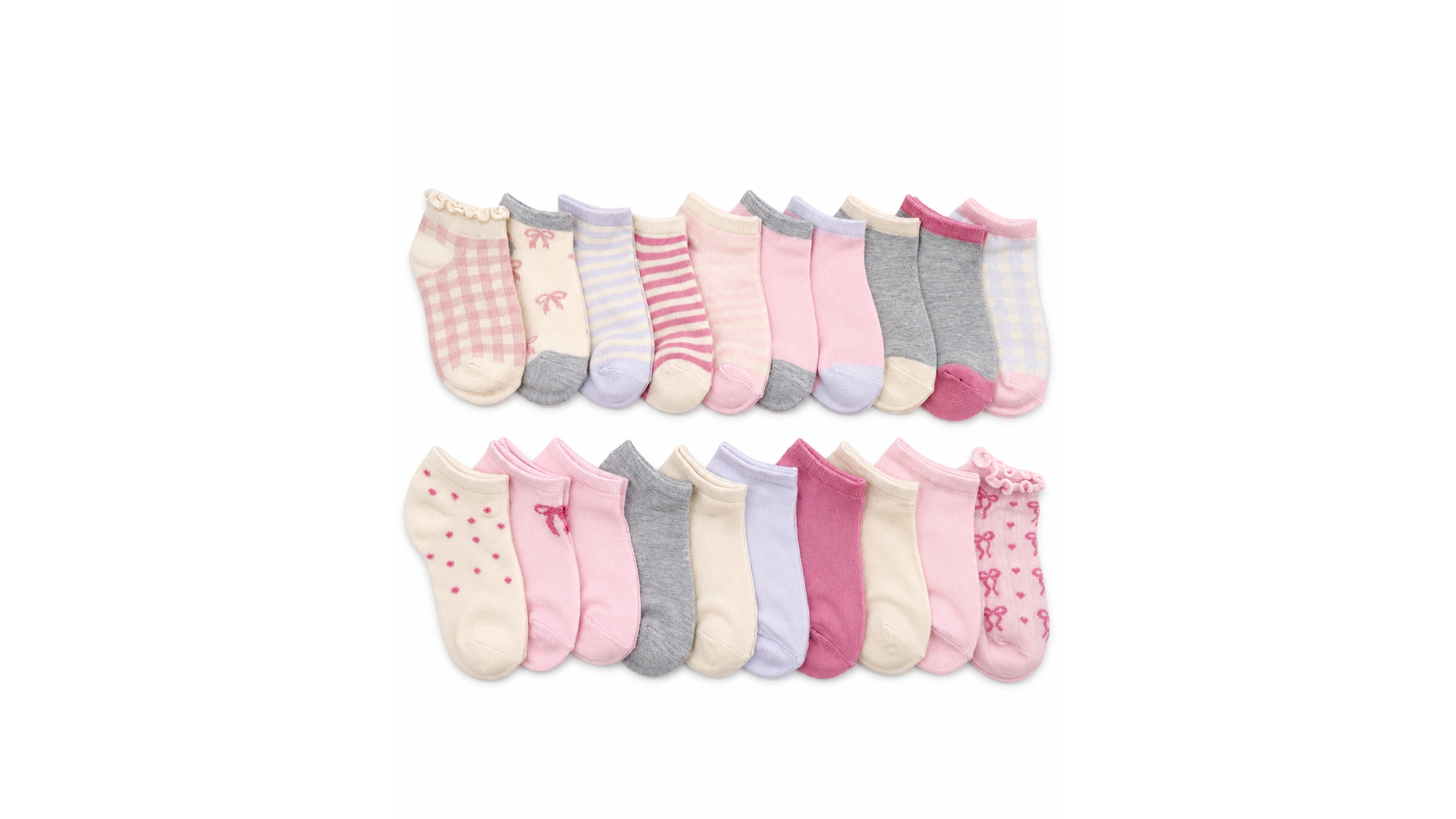 Rainbow Sugar Girls' 4-16 Bows Graphic No Show Socks, 20-Pack