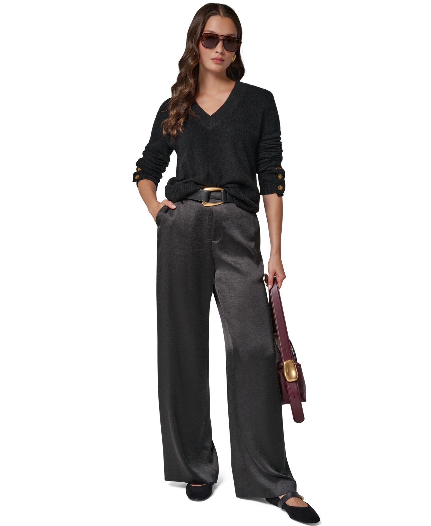Женский свитер Donna Karan New York Cashmere Long-Sleeve V-Neck, цвет: Чёрный — фото 9