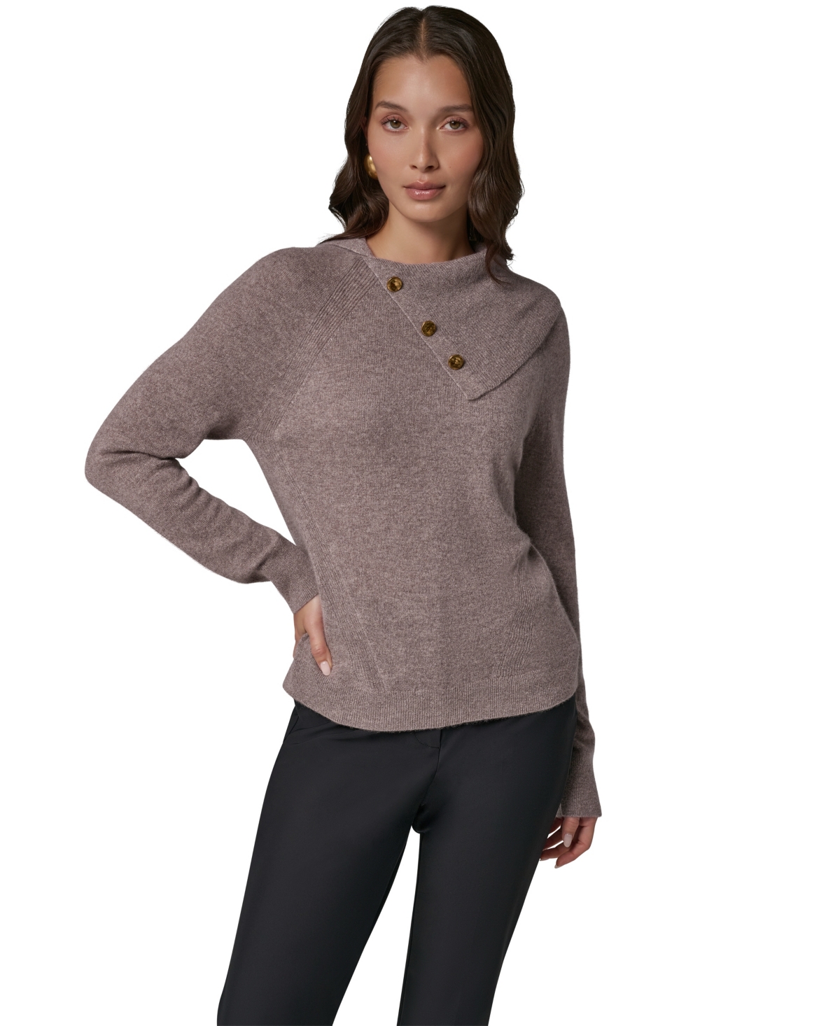 Donna Karan New York Women's Split Collar With Buttons Cashmere Pullover Sweater - Taupe Heather
