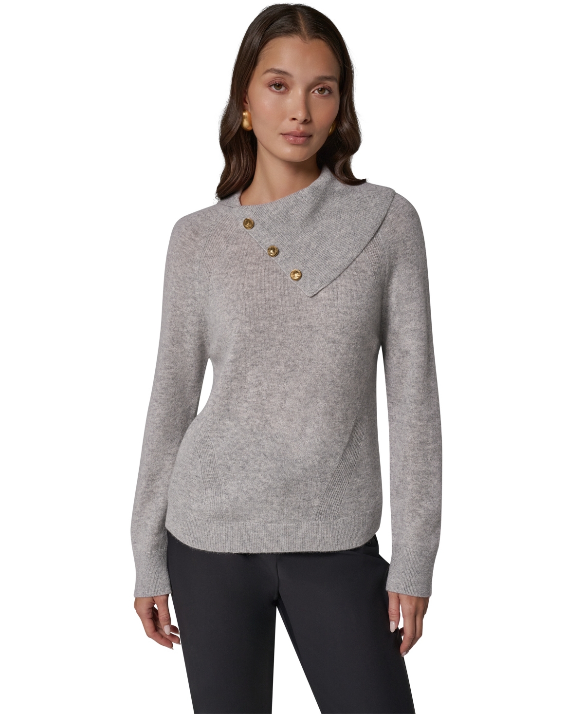 Donna Karan New York Women's Split Collar With Buttons Cashmere Pullover Sweater - Light Heather Gray