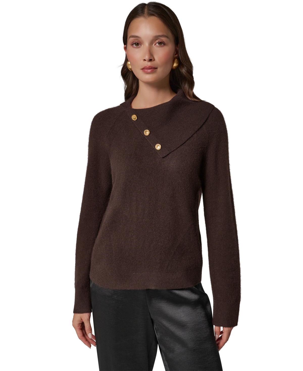 Donna Karan New York Women's Split Collar With Buttons Cashmere Pullover Sweater - Espresso