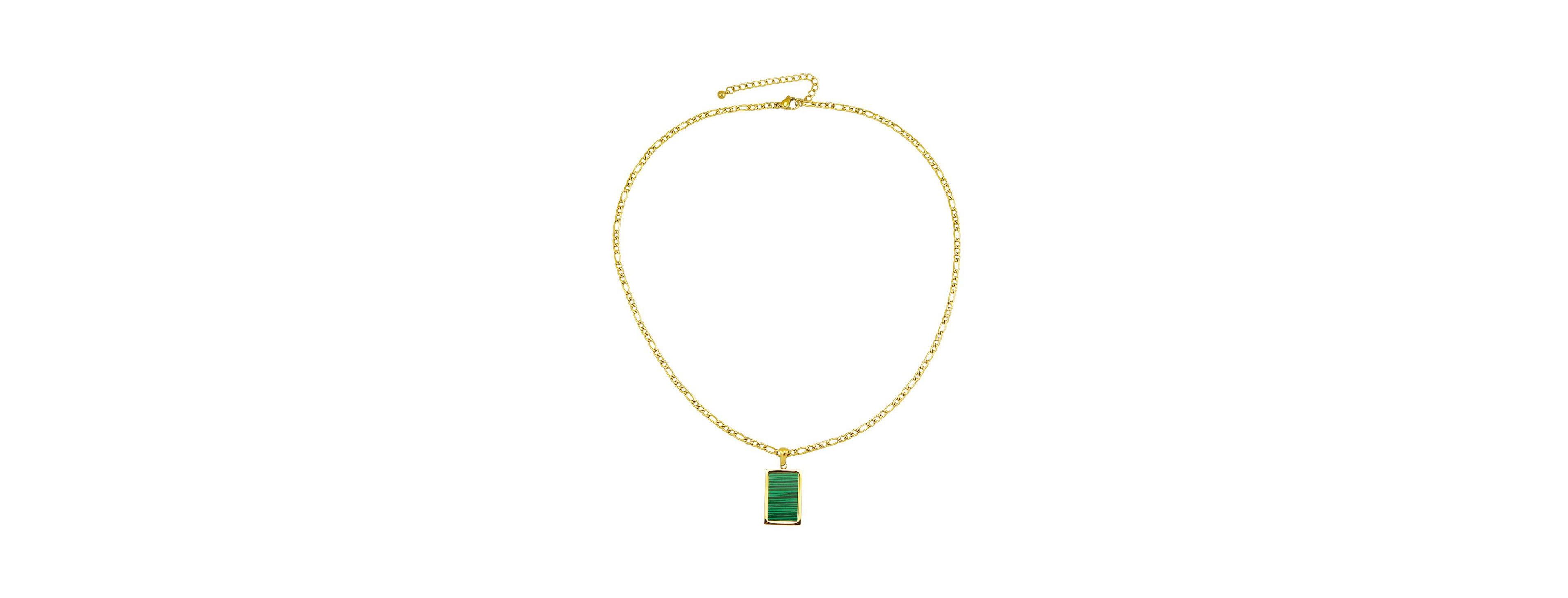 Rebl Jewelry Green Stone Rectangle Pendant Necklace in 18k Gold-Plated Stainless Steel
