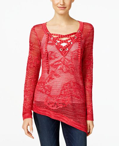 INC International Concepts Asymmetrical Lace-Up Sweater, Only at Macys