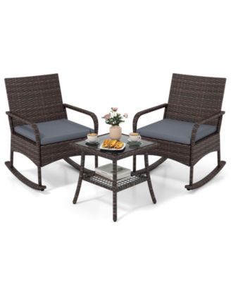 Set of 3 PE Wicker Rocking Bistro Set With 2-Tier Side Table Cushions and Armchairs