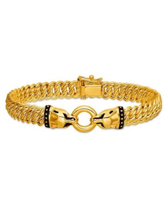 Solid 14k Yellow Gold 7.25 Inch Italian Black Enamel Panther Head Wide Curb Bracelet