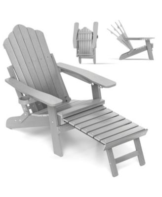 All-Weather Folding Adirondack Lounge Chair with Retractable Footrest and Cup Holder