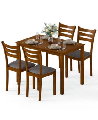 5Pieces Dining Table Set for 4 With Linen Fabric Upholstered Chairs Rubber Wood Frame