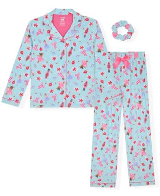 Girls' 5-16 Button-Down Velour-Print Long-Sleeve Pajama and Scrunchie, 3-Piece Set