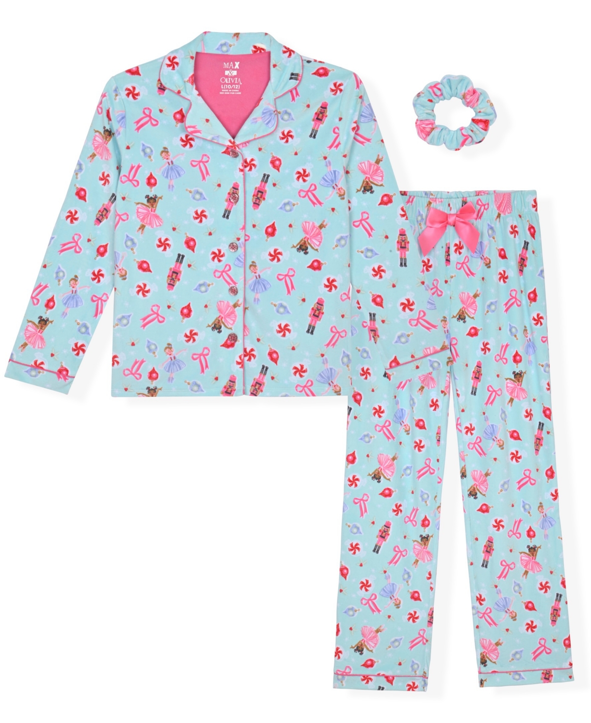 Max & Olivia Girls' 5-16 Button-Down Velour-Print Long-Sleeve Pajama and Scrunchie, 3-Piece Set