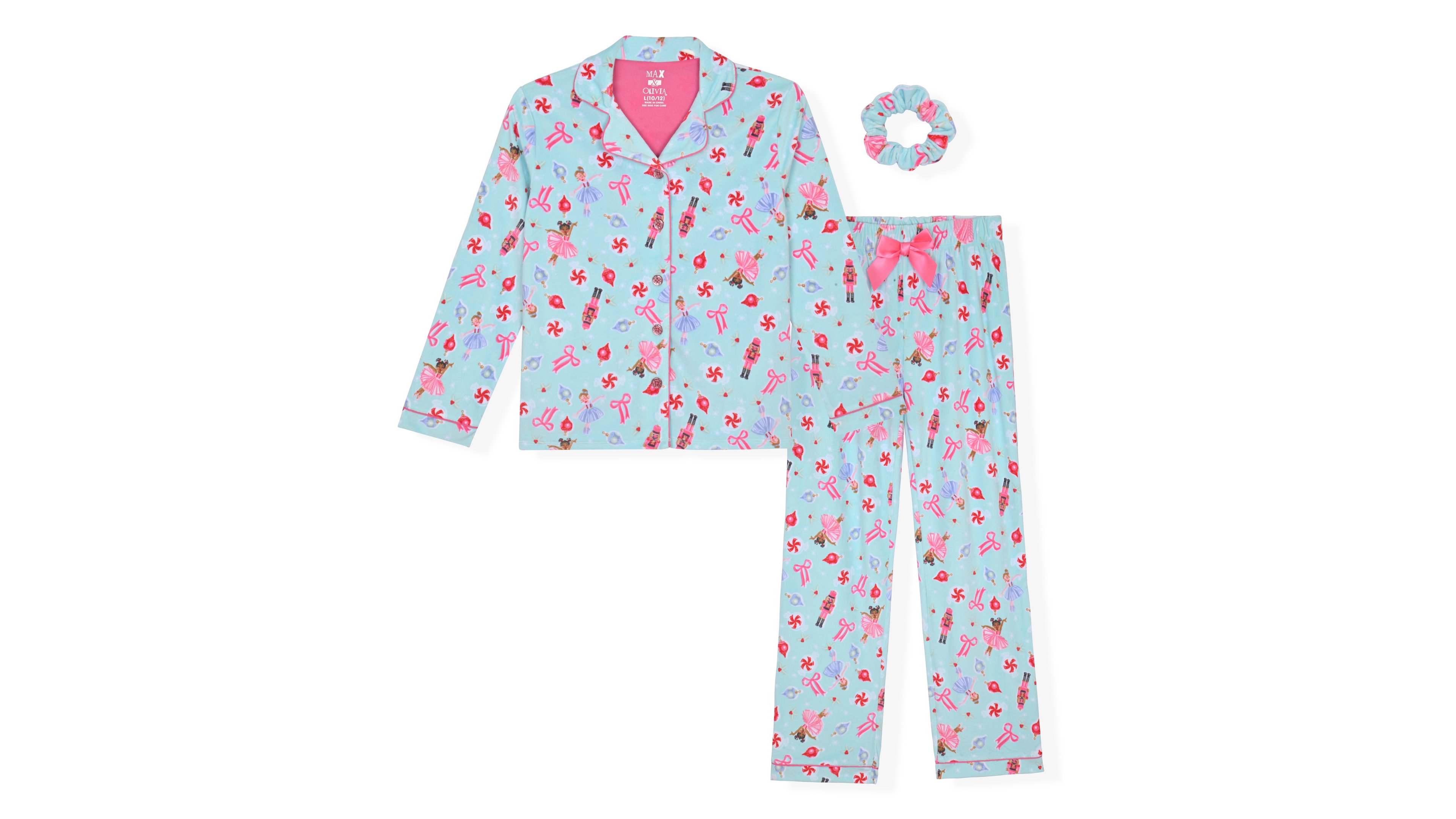 Max & Olivia Girls' 5-16 Button-Down Velour-Print Long-Sleeve Pajama and Scrunchie, 3-Piece Set