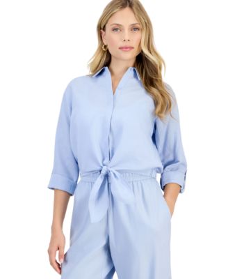 Petite Linn Long-Sleeve Tie Front Button-Up Blouse