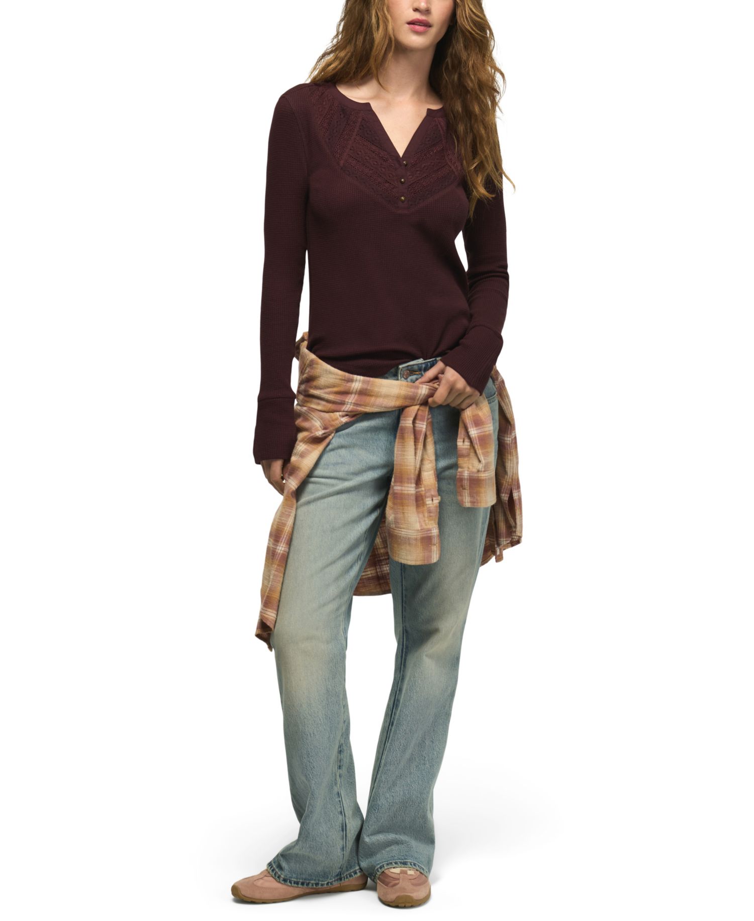 Women's Trim Mix Long-Sleeve V-Neck Lace-Trim Henley Top