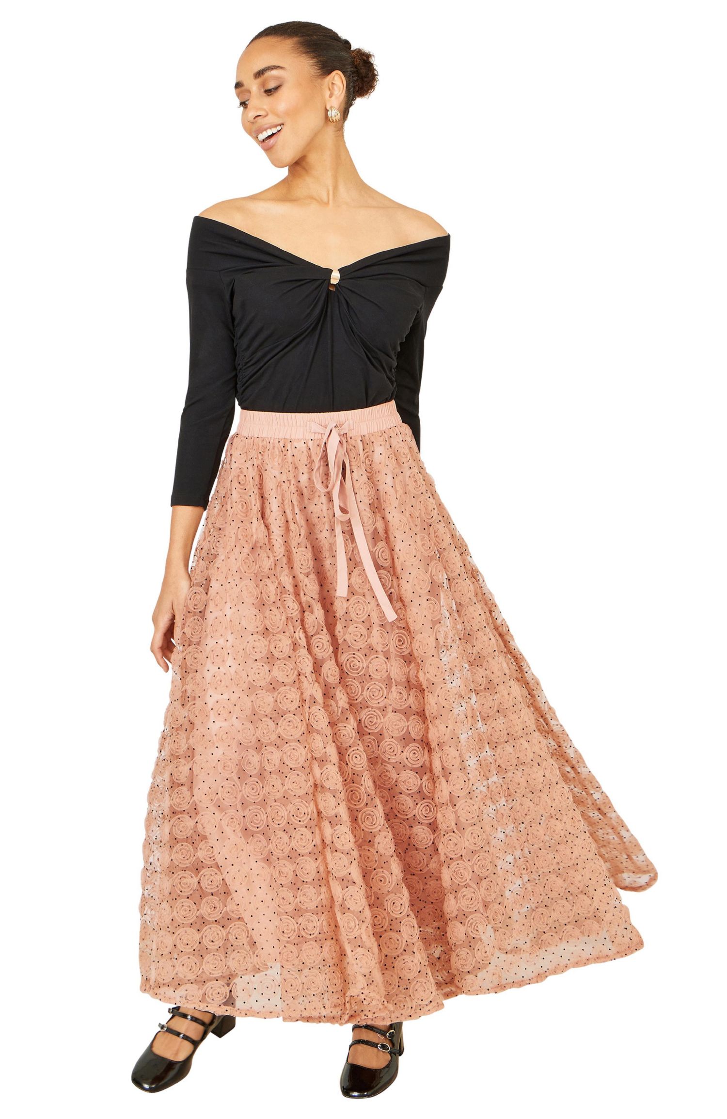 Women's Spot and Rose Tulle Polka-Dot High-Waisted Maxi Skirt