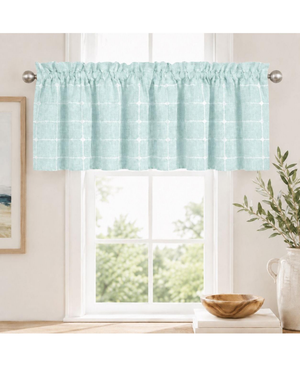 Kate Aurora Country Farmhouse Buffalo Plaid Aqua Rod Pocket Window Valance