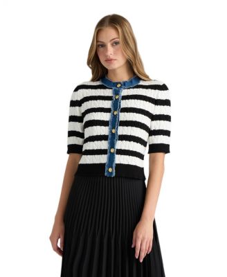 NVLT Women's Short Sleeve Cable Sweater with Denim Trim