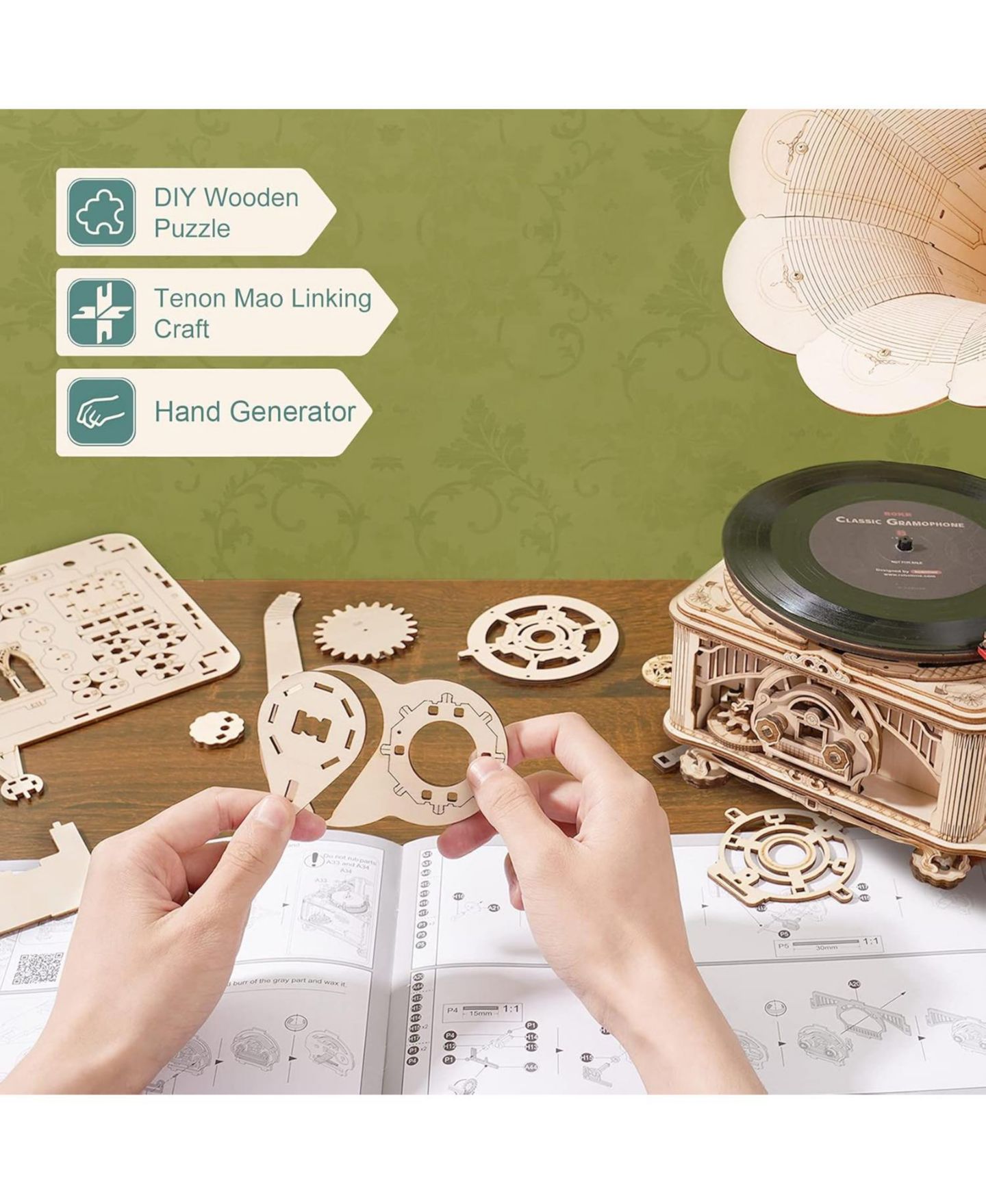 Детские конструкторы Robotime 3D Wooden Puzzles Gramophone DIY Mechanical Model Kit Replica Record Player Support 7" 10" Vinyl Building Gift Hobbies for Adults Home Decor — фото 5