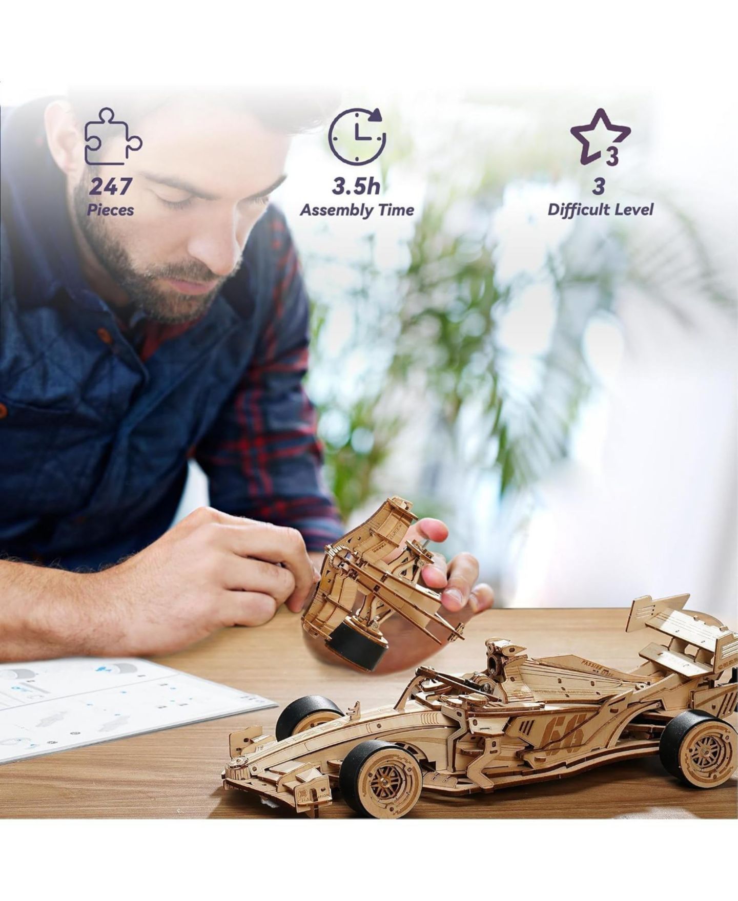 3D-пазл Robotime для взрослых: деревянная гоночная машина Формулы 1, 1:18, сборная модель — фото 4