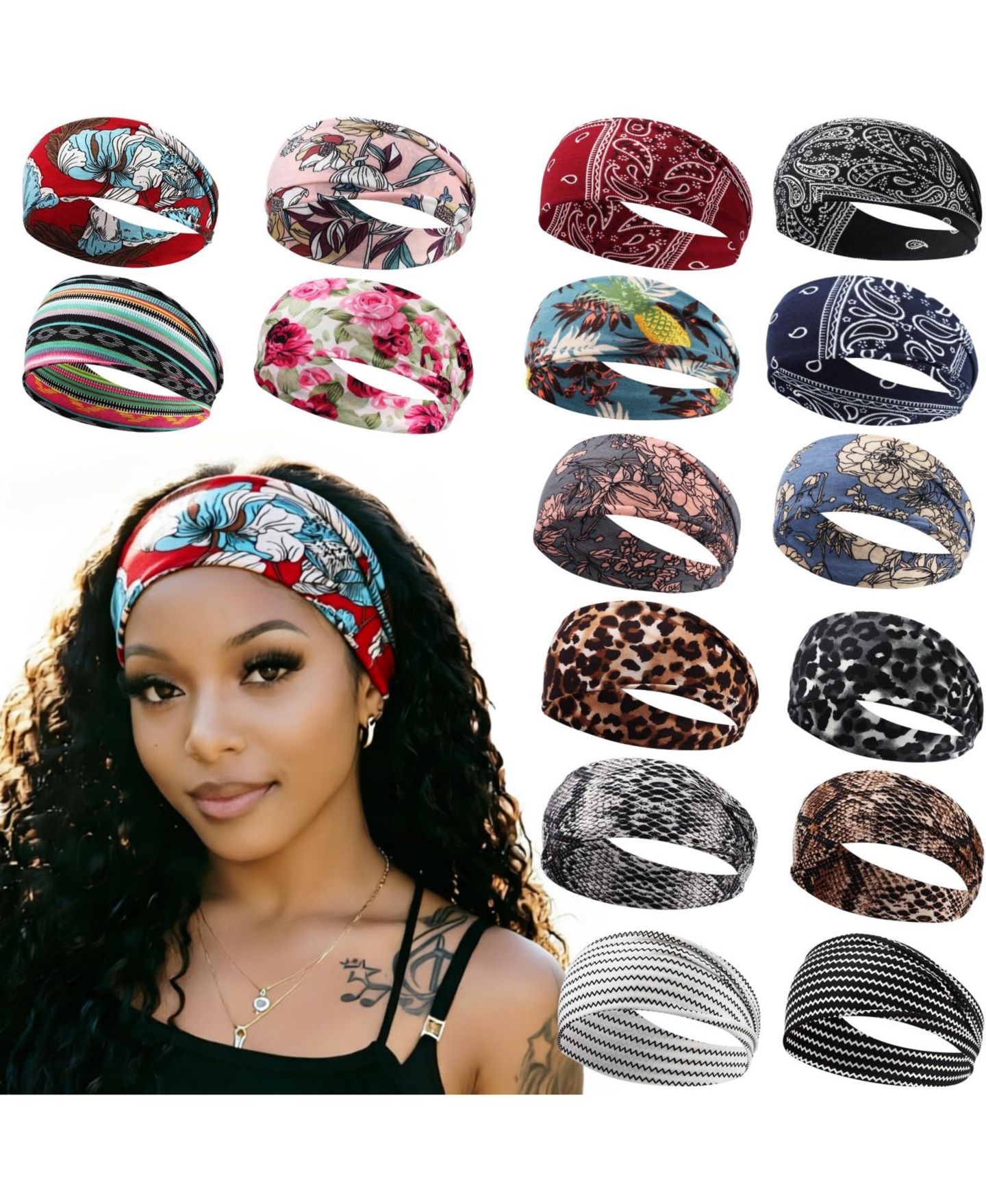 Женские аксессуары для волос peneyon Non-Slip Stretchy Yoga Headbands, 16-Pack, цвет: 16 Pack Retro B — фото 1