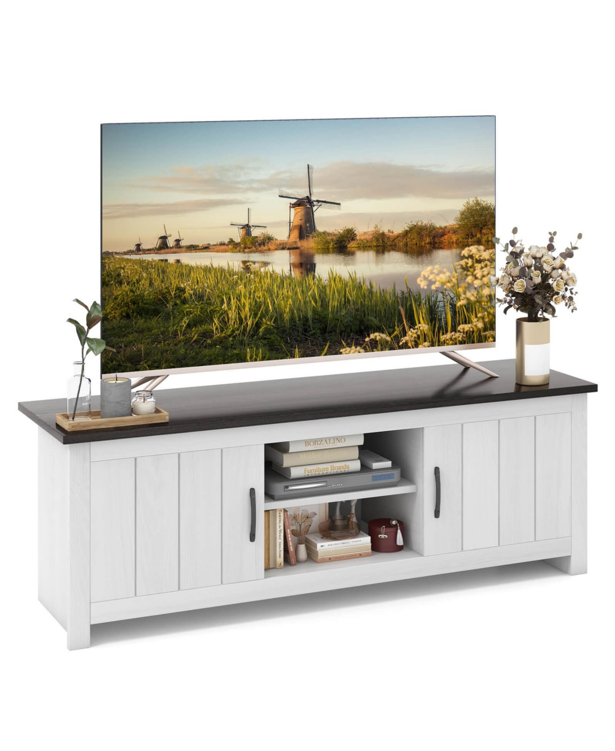 Mecale Tv Stand with 2 Cabinets and Open Shelves for TVs up to 65