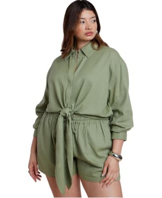 Plus Size Waist Tie Cropped Long-Sleeve Linen-Blend Button-Up Shirt