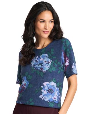 Women's Short-Sleeve Floral-Print Crewneck Sweater