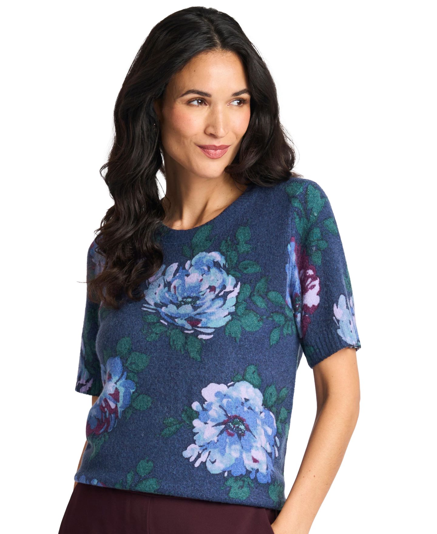 Женский свитер Vince Camuto Short-Sleeve Floral-Print Crewneck, цвет: Индиго ночной — фото 1