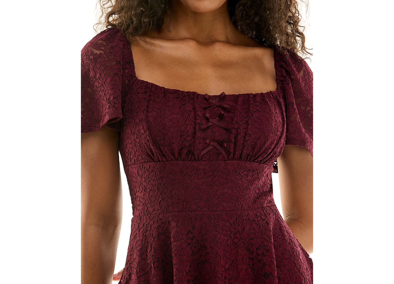 Juniors' Square Neck Lace Bow Detail Fit & Flare Dress