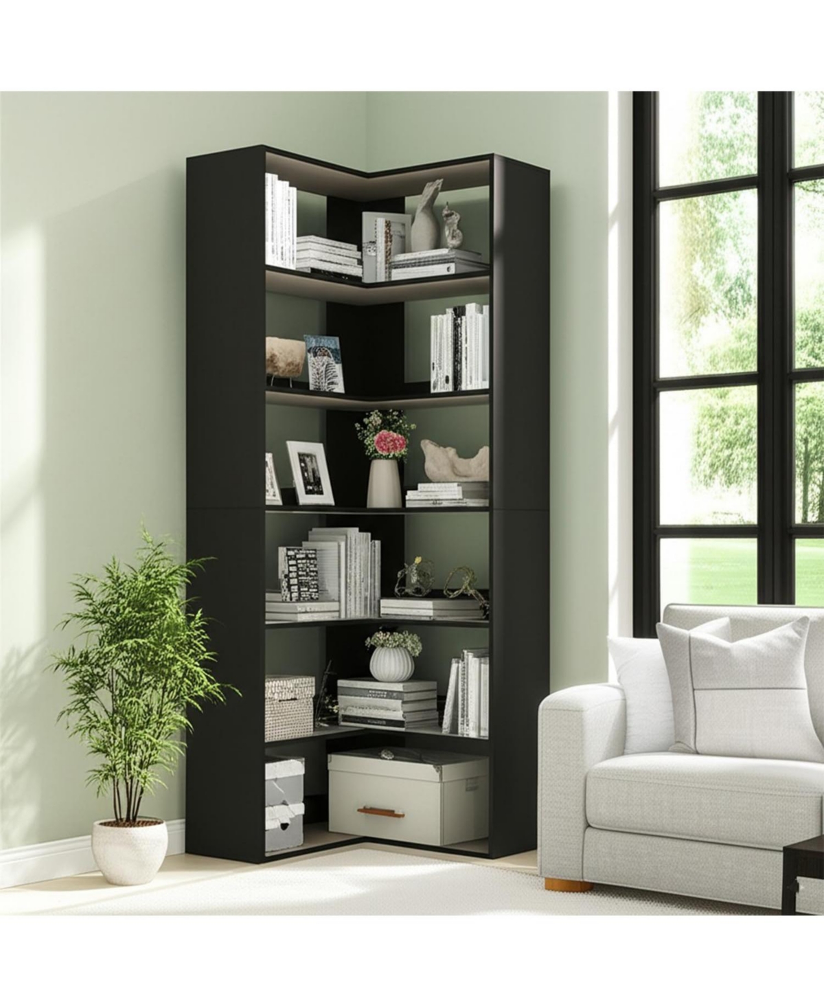 homfan 6-Tier Corner Bookshelf L-Shaped Tall Bookcase Wood Open Storage Display Shelving for Home Office Living Room Bedroom