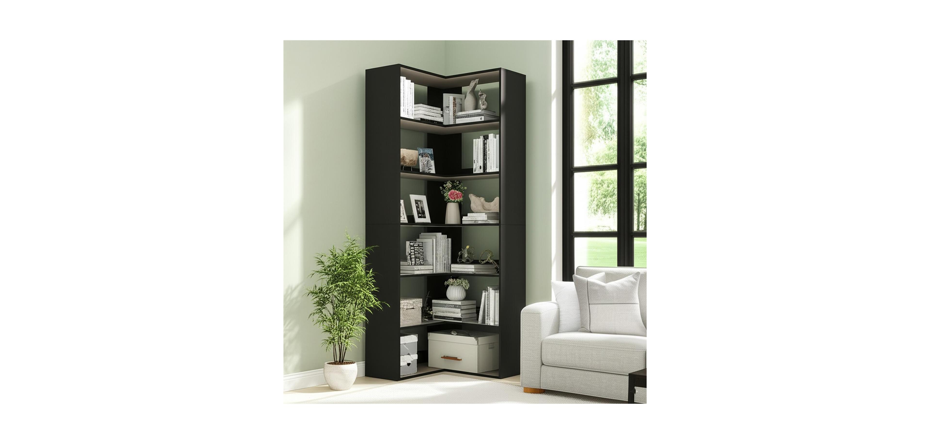 homfan 6-Tier Corner Bookshelf L-Shaped Tall Bookcase Wood Open Storage Display Shelving for Home Office Living Room Bedroom