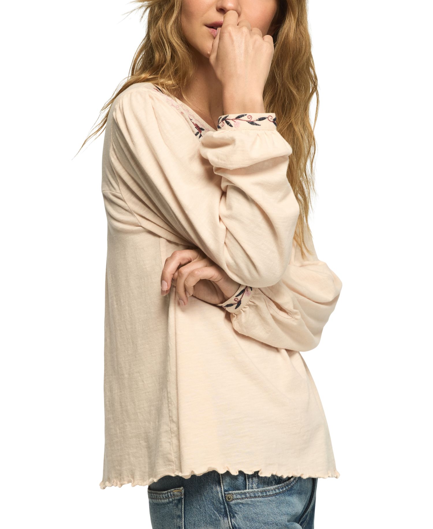 Women's Long-Sleeve Embroidered Yoke Peasant Top