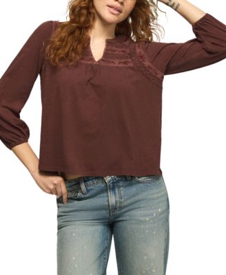 Women's Trim Mix Knit Lace-Trim Embroidered Peasant Top