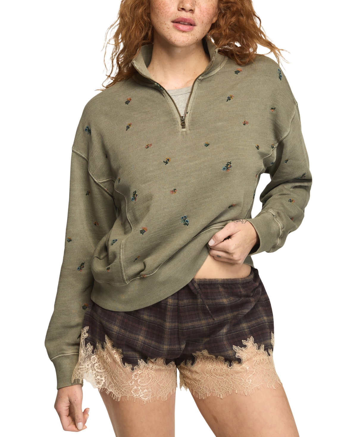 Lucky Brand Women's Mock Neck Quarter-Zip Embroidered Pullover Sweatshirt