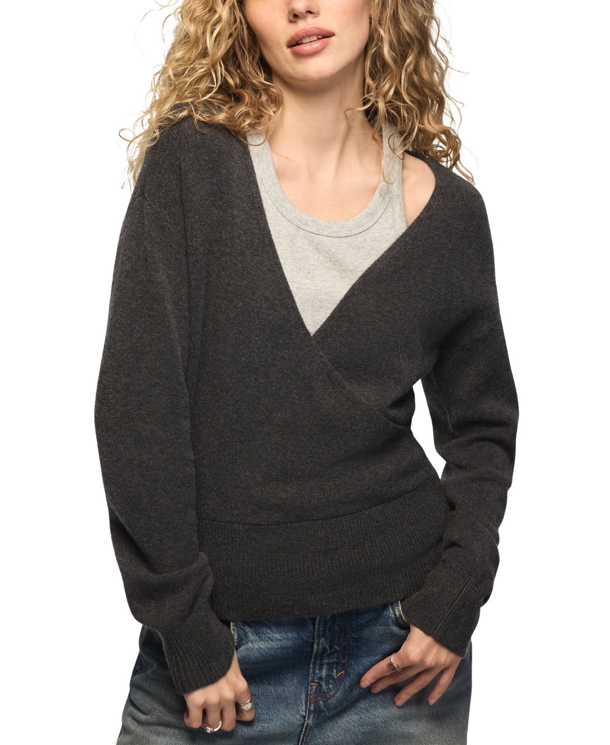 Lucky Brand Women's Cloud Surplice V-neck Long-sleeve Sweater In Gray