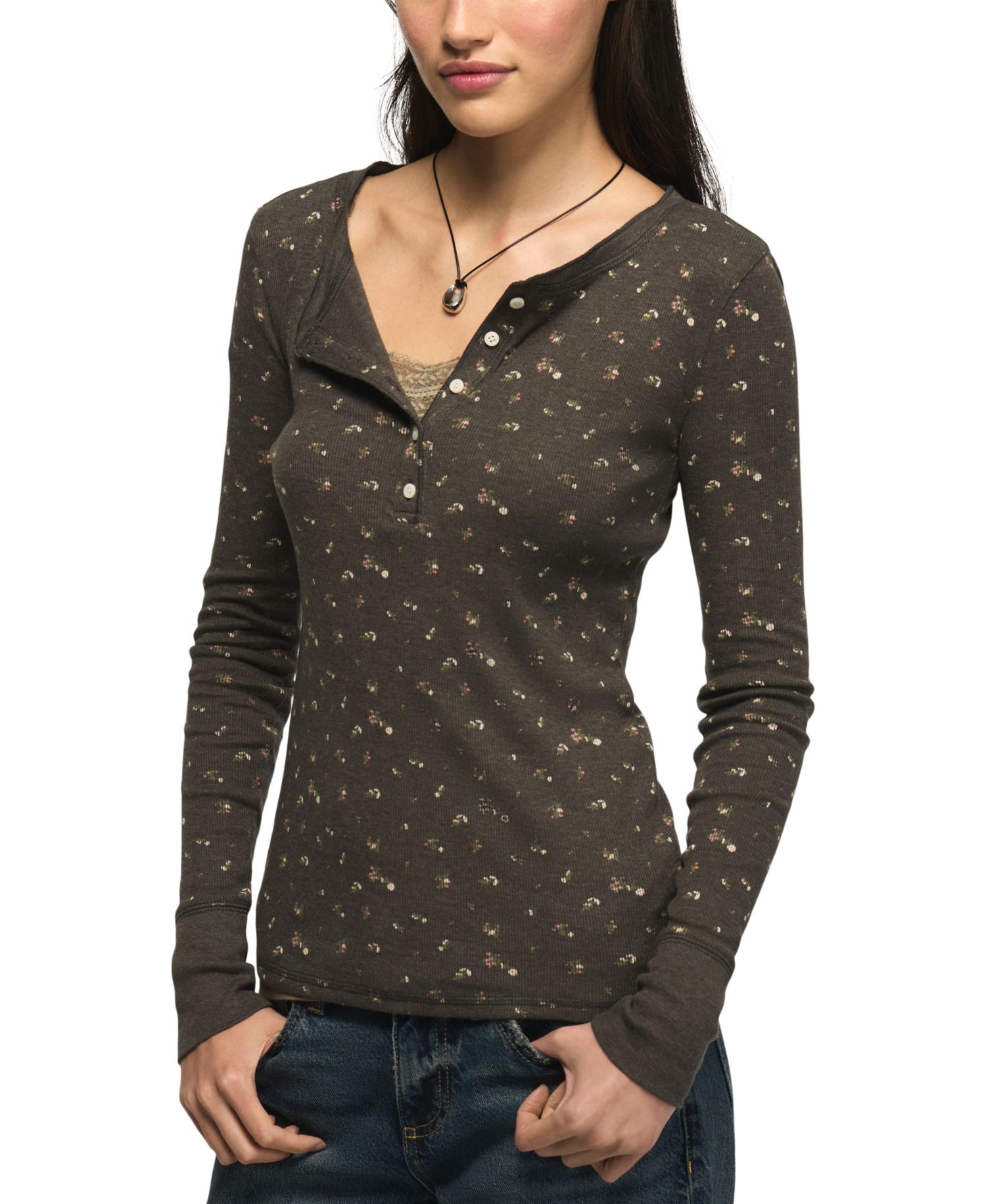 Women's Long-Sleeve Ribbed Floral-Print Henley Top