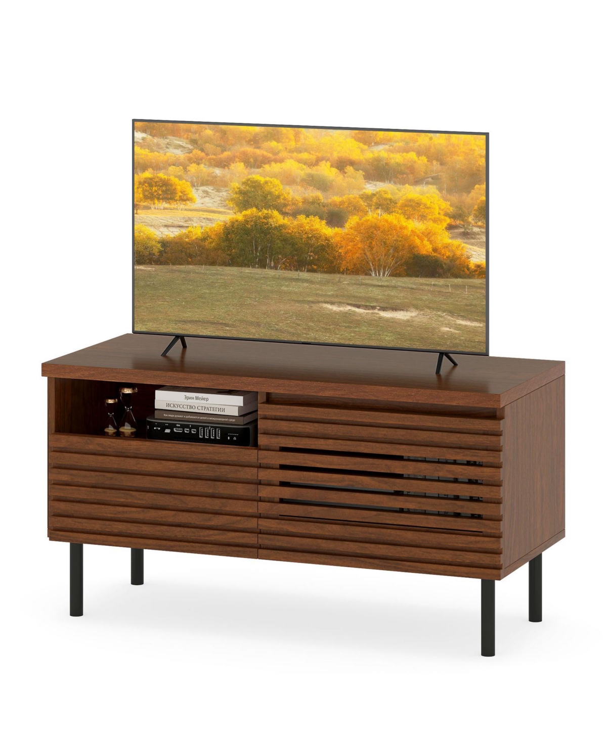 Mecale Mid Century Fluted Tv Stand for 40 Inch Tv Modern Entertainment Center with Open Compartment