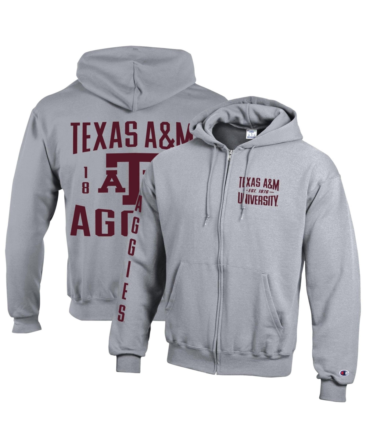 Champion Men's Heather Gray Texas A M Aggies Varsity Power Blend Full-Zip Fleece Hoodie